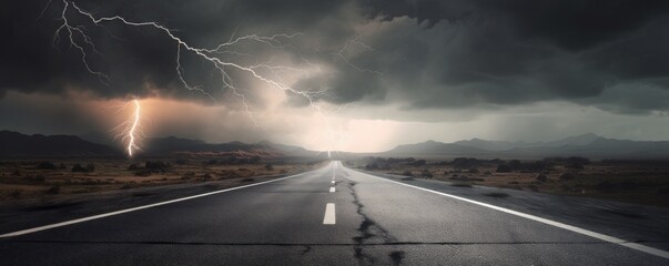 Wall Mural - storm clouds over the road with lightning,CGI Image of Lightning Striking the Middle of an Asphalt Street Amidst Stormy Weather, Intense and Dynamic Landscape