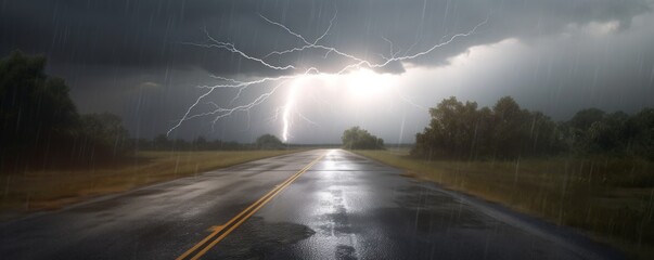 Wall Mural - storm clouds over the road with lightning,CGI Image of Lightning Striking the Middle of an Asphalt Street Amidst Stormy Weather, Intense and Dynamic Landscape