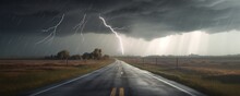 Storm Clouds Over The Road With Lightning,CGI Image Of Lightning Striking The Middle Of An Asphalt Street Amidst Stormy Weather, Intense And Dynamic Landscape