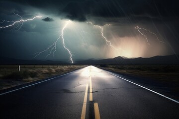 Wall Mural - storm clouds over the road with lightning,CGI Image of Lightning Striking the Middle of an Asphalt Street Amidst Stormy Weather, Intense and Dynamic Landscape