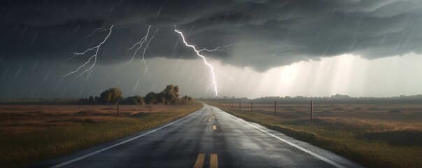 storm clouds over the road with lightning,cgi image of lightning striking the middle of an asphalt s