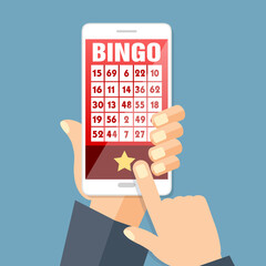 Poster - Bingo o gioco della lotteria, carta. Grande vittoria. Illustrazione CELLULARE CON MANO