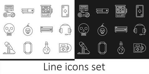 Poster - set line cd or dvd disk in box, headphones, slot machine, bomb ready to explode, skull, game console
