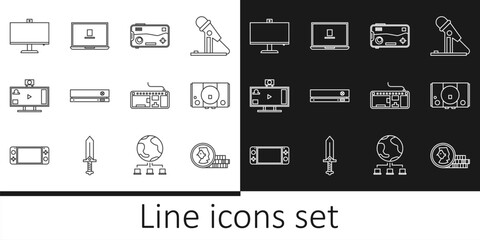 Poster - Set line Coin for game, Video console, Mobile and playing, Live streaming online, Computer monitor, keyboard and Laptop icon. Vector