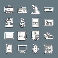 Poster - set line slot machine, coin for game, create account screen, microphone, bottle with magic elixir, v