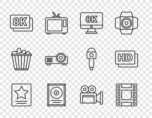 Poster - Set line Hollywood walk of fame star, Play Video, Monitor with 8k, CD disk award in frame, Ultra HD, Media projector, Cinema camera and Hd movie, tape, icon. Vector