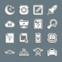 Poster - Set line Taxi car, Police badge, Unknown search, Open in new window, FTP operation successful, Cloud mail server, Moon and stars and document icon. Vector