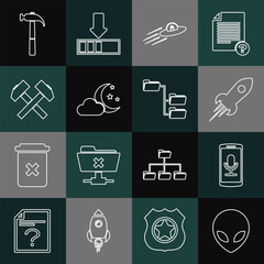 Poster - Set line Alien, Mobile recording, Rocket ship with fire, UFO flying spaceship and alien, Cloud moon stars, Two crossed hammers, Hammer and Folder tree icon. Vector