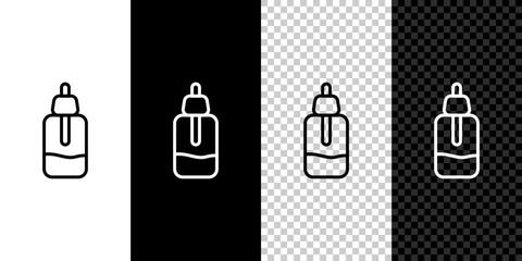 Canvas Print - Set line Essential oil bottle icon isolated on black and white,transparent background. Organic aromatherapy essence. Skin care serum glass drop package. Vector