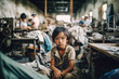 Small Asian girl portrait with blurred textile factory background, Illegal child labour in sweatshop manufacturing concept, documentary style. Generative AI