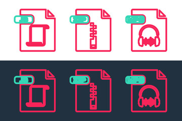 Poster - Set line MP3 file document, JS and ZIP icon. Vector