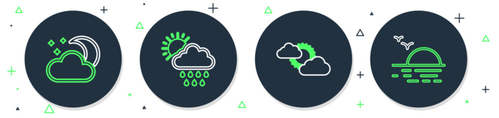 Sticker - Set line Cloud with rain and sun, Sun cloud weather, moon stars and Sunset icon. Vector