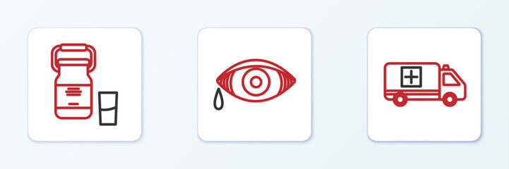 Sticker - Set line Emergency car, Can container for milk and Reddish eye allergic conjunctivitis icon. Vector