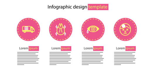 Poster - Set line Reddish eye allergic conjunctivitis, Man having headache, Parasite mite and Emergency car icon. Vector