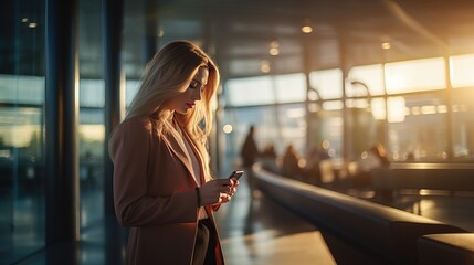 Wall Mural - backside of business woman with bokeh light. business district background. generative ai