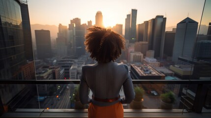 Wall Mural - Africa business woman. backside of business woman with bokeh light. business district background.