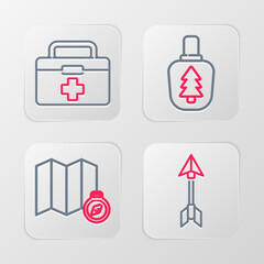 Canvas Print - Set line Hipster arrow, Location of the forest on map, Canteen water bottle and First aid kit icon. Vector