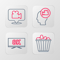 Poster - Set line Popcorn in box, Screen tv with 8k, Head camera and Camera and location icon. Vector