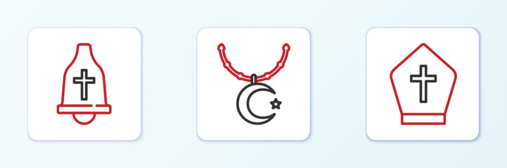 Poster - Set line Pope hat, Church bell and Star and crescent on chain icon. Vector