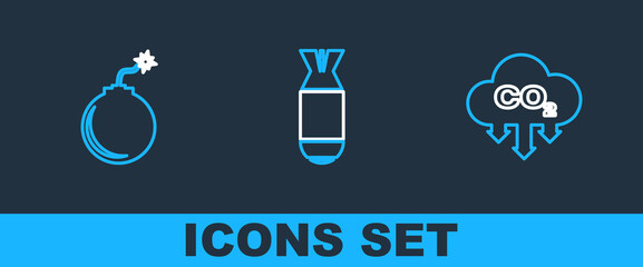 Poster - Set line CO2 emissions in cloud, Bomb ready to explode and Aviation bomb icon. Vector