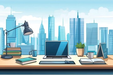 Canvas Print - The background of a modern workplace is a city, with a laptop and office supplies.