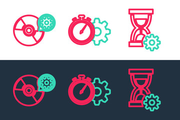 Poster - set line hourglass setting, cd or dvd disk and time management icon. vector