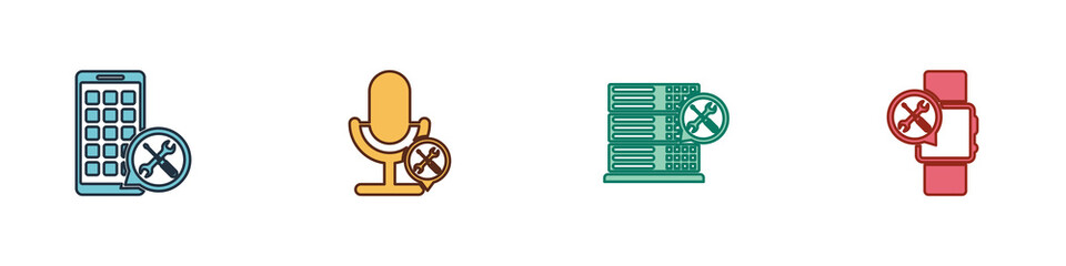 Sticker - Set Mobile Apps service, Microphone, Database server and Smartwatch icon. Vector