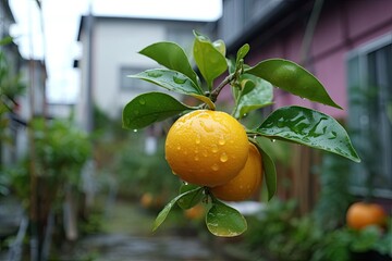 Wall Mural - There are trees in Fukuoka. JAPAN produces citrus junos, a kind of little citrus fruit. Yuzu is the name we gave to the fruit.