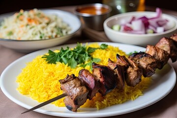 a hearty plate of shish kebab with saffron rice and hummus, created with generative ai