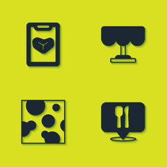 Sticker - Set Restaurant cafe menu, Cafe and restaurant location, Cheese and Wooden table icon. Vector