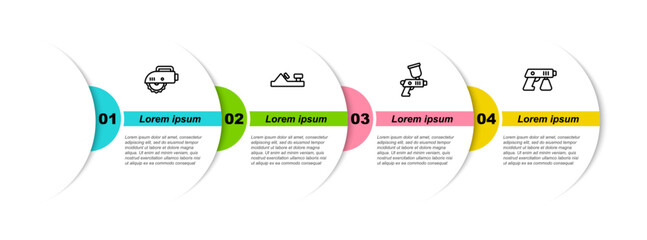 Sticker - Set line Electric circular saw, Wood plane tool, Paint spray gun and . Business infographic template. Vector