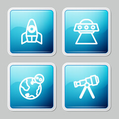 Poster - set line rocket ship, ufo flying spaceship, earth globe and telescope icon. vector