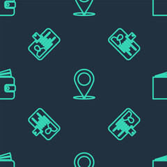Poster - set line map pin, identification badge and wallet on seamless pattern. vector
