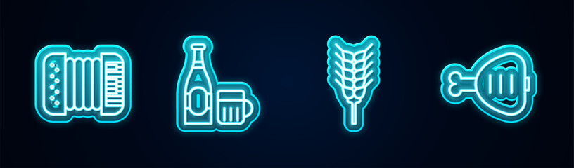 Sticker - Set line Accordion, Beer bottle and glass, Wheat and Chicken leg. Glowing neon icon. Vector