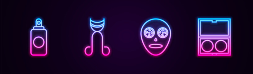 Sticker - Set line Spray can, Eyelash curler, Facial cosmetic mask and Makeup powder with mirror. Glowing neon icon. Vector