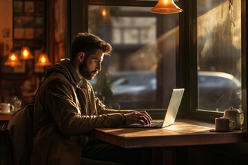 business man working in cafe, using laptop. freelancer works remotely. created with generative ai