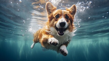 Funny Welsh corgi puppy swimming under water in a summer pool, macro shot