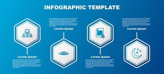 Poster - Set line Computer network, UFO flying spaceship, Unknown document and Moon and stars. Business infographic template. Vector