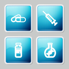 Wall Mural - Set line Medicine pill or tablet, Syringe, Medical vial, ampoule and DNA research, search icon. Vector