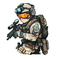 Airsoft player in professional equipment with sniper rifle in hand. Cartoon vector illustration.