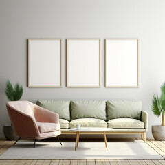 set of three hollow frame mockup standing on the wall mockups for displaying modern style,3d render,poster