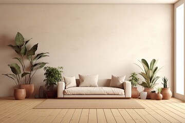 Wall Mural - Interior of contemporary minimalist beige style with brown couch, wood floor, and plants. vacant wall mock-up in an illustration. great illustration. Illustration