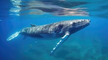 A Baby Humpback Whale Can Be Seen Swimming Toward The Camera In The Beautiful Blue Ocean.