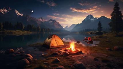 Poster - Night landscape of camping ground