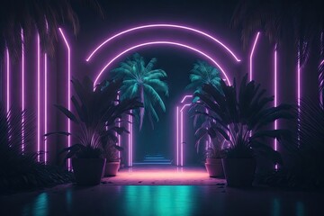 Wall Mural - An entrance to dark room with neon lights. ai generative