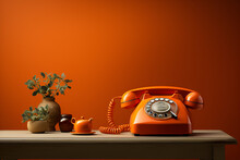 Orange Phone On Wooden Table