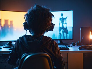 Kid playing video games in his room Back view. ai generative