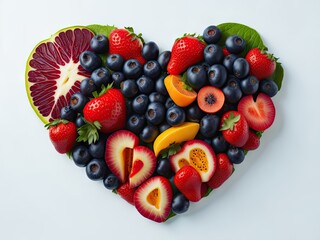 Wall Mural - Heart shape made of different fruits and beers on white background. ai generative