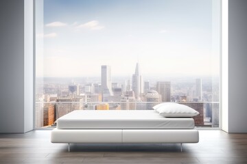 Wall Mural - From the side, a white bed with sheets and pillows, a parquet floor, and a blank space above it can be seen. A view of the city from an empty, wooden bedroom