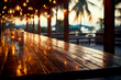 Blur and bokeh of beach bar restaurant for background. Warm summer evening sunset. Holiday, vacation and travel concept. Generative Ai.